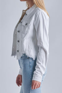 White Cropped Fitted Frayed Denim Jacket
