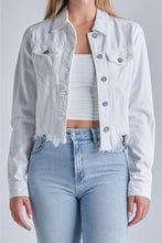 Load image into Gallery viewer, White Cropped Fitted Frayed Denim Jacket
