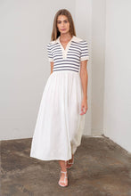 Load image into Gallery viewer, STRIPE COLLAR MIX MEDIA MIDI DRESS with lined skirt
