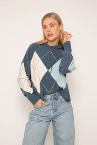 Roman Argyle Hoodie Top in Charcoal by Central Park West