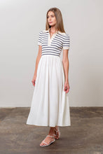 Load image into Gallery viewer, STRIPE COLLAR MIX MEDIA MIDI DRESS with lined skirt
