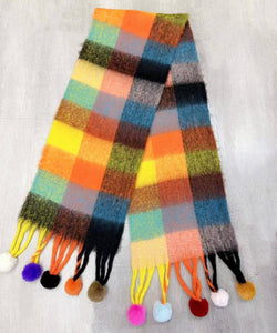 JC023504 Colorful Plaid Fuzzy Pompom Scarf