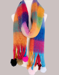 JC023504 Colorful Plaid Fuzzy Pompom Scarf