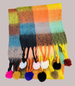 JC023504 Colorful Plaid Fuzzy Pompom Scarf