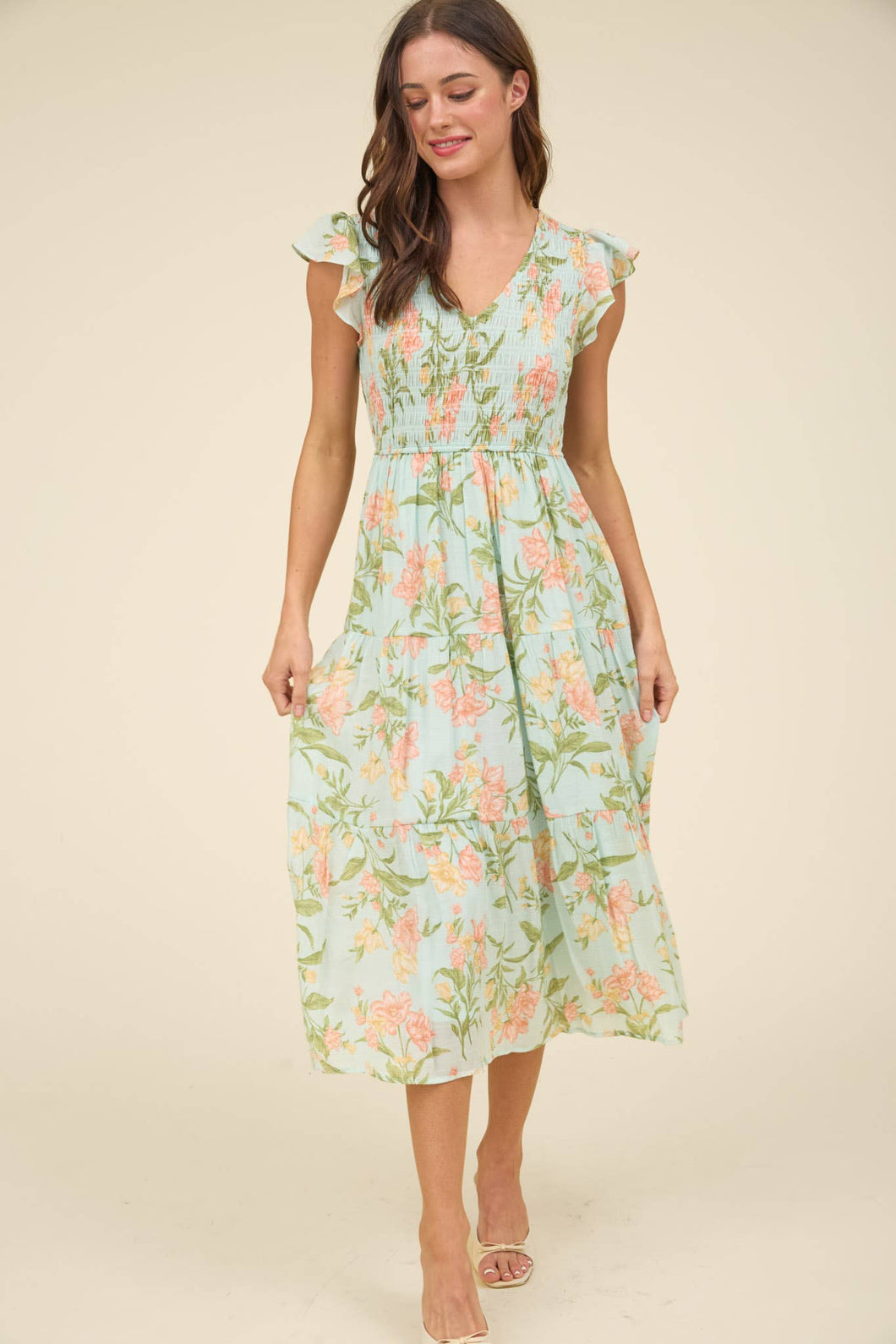 FLORAL V NECK SMOCKED TIERED MIDI DRESS