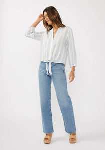 3/4 Blouson Sleeve Tie-Front Blouse