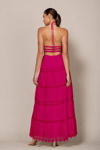 LD1103 SMOCKED TIERED OPEN BACK MAXI DRESS in Fuchsia