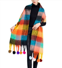 Load image into Gallery viewer, JC023504 Colorful Plaid Fuzzy Pompom Scarf
