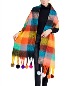 JC023504 Colorful Plaid Fuzzy Pompom Scarf