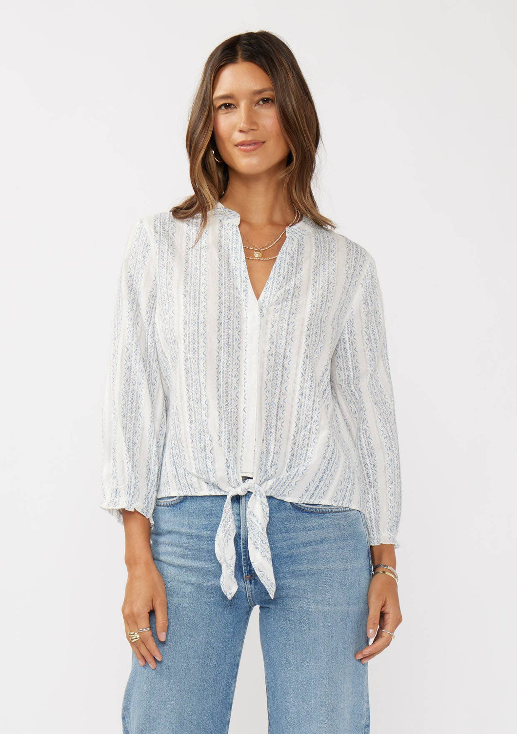 3/4 Blouson Sleeve Tie-Front Blouse