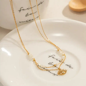 Evil Eye Gold Plated Stainless Steel Layered Necklace