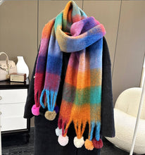 Load image into Gallery viewer, JC023504 Colorful Plaid Fuzzy Pompom Scarf
