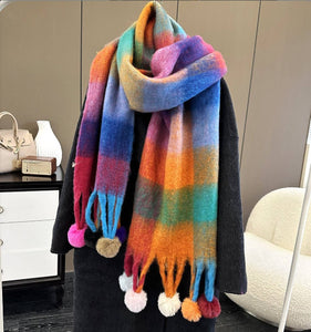 JC023504 Colorful Plaid Fuzzy Pompom Scarf