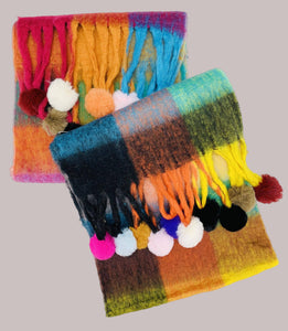 JC023504 Colorful Plaid Fuzzy Pompom Scarf