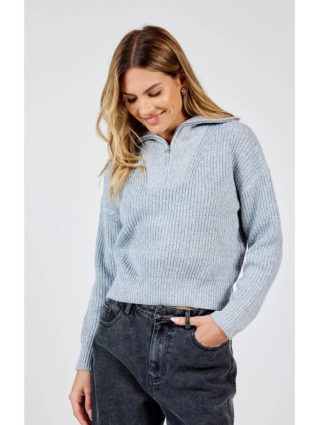 Abbie Zip Sweater with Wide Rib Collar by Sadie and Sage