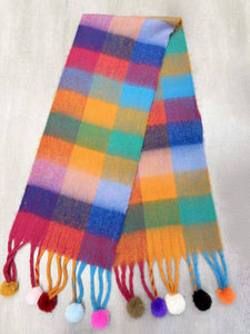 JC023504 Colorful Plaid Fuzzy Pompom Scarf