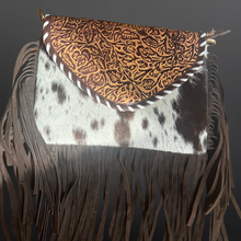 Load image into Gallery viewer, Cowhide Embossed Leather Fringe Handbag
