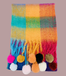 JC023504 Colorful Plaid Fuzzy Pompom Scarf