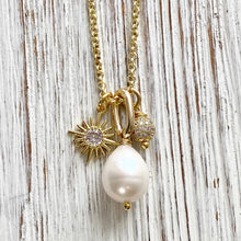 Load image into Gallery viewer, Pearl, sun, micro pave necklace ,boutique,salon,trendy
