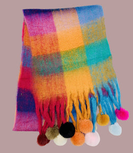 JC023504 Colorful Plaid Fuzzy Pompom Scarf