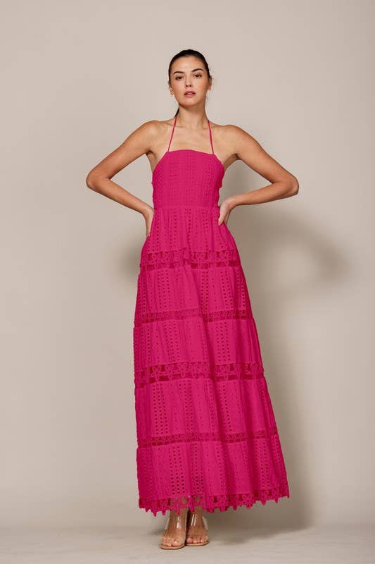 LD1103 SMOCKED TIERED OPEN BACK MAXI DRESS in Fuchsia