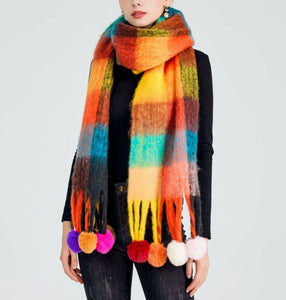 JC023504 Colorful Plaid Fuzzy Pompom Scarf