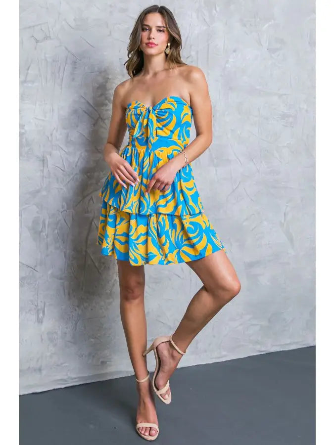 A Printed Mini Dress - blue/yellow