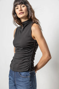 Black Shirred Mock Neck Tank by Lilla P