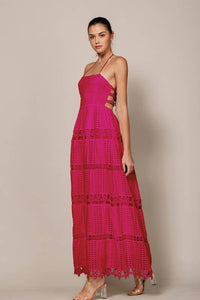 LD1103 SMOCKED TIERED OPEN BACK MAXI DRESS in Fuchsia