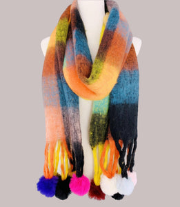 JC023504 Colorful Plaid Fuzzy Pompom Scarf